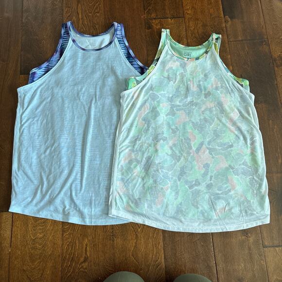 Athleta Girl Perfect Pair Athletic Tank Top Blue Green Printed Sz XL/14 Set of 2 - Picture 1 of 12